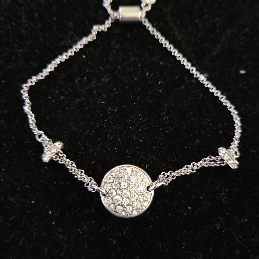 Adjustable Silvertone Bracelet With Rhinestones - image 2